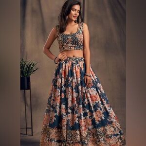 Dove Blue Floral Embroidered Organza Wedding Wear Lehenga Choli XS